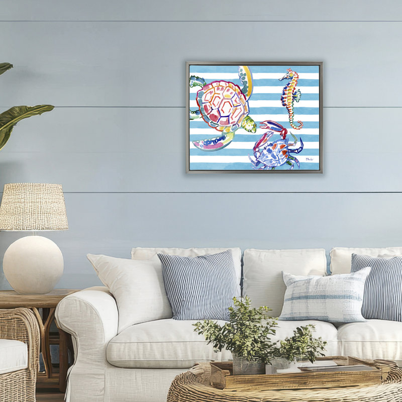 Cadre flottant brossé Sea Life sur rayures, design par Paul Brent, H 17 po x l 21 po, Cadre flottant gris lustré