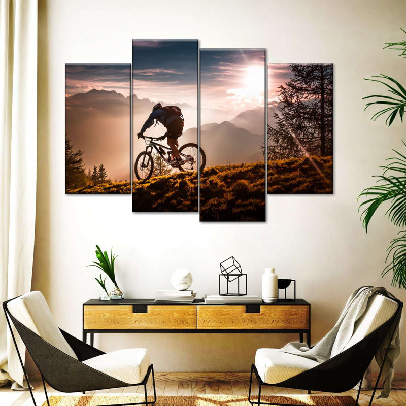 Coucher de soleil à vélo sur toile 4 pièces, H 22 po x l 36 po x P 1 po