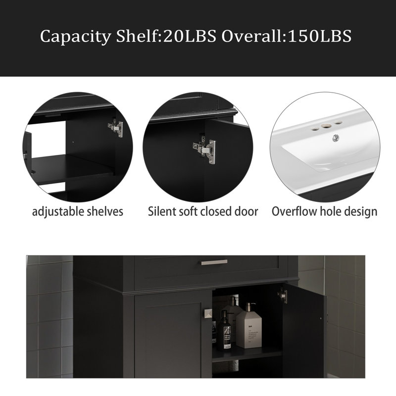Meuble-lavabo de 30 pouces avec lavabo en céramique, porte à fermeture en douceur et tablettes réglables