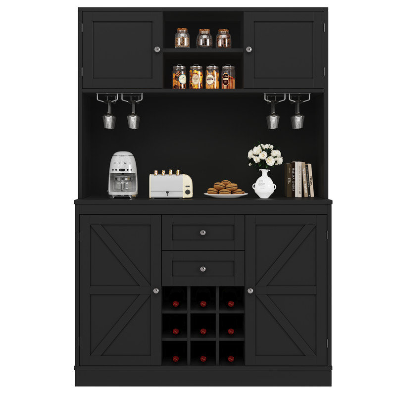 White/Black Tall Kitchen Cabinet with 4 Doors & 2 Drawers, Adjustable Shelves & Wine Rack, Sideboard for Kitchen/Living Room Storage