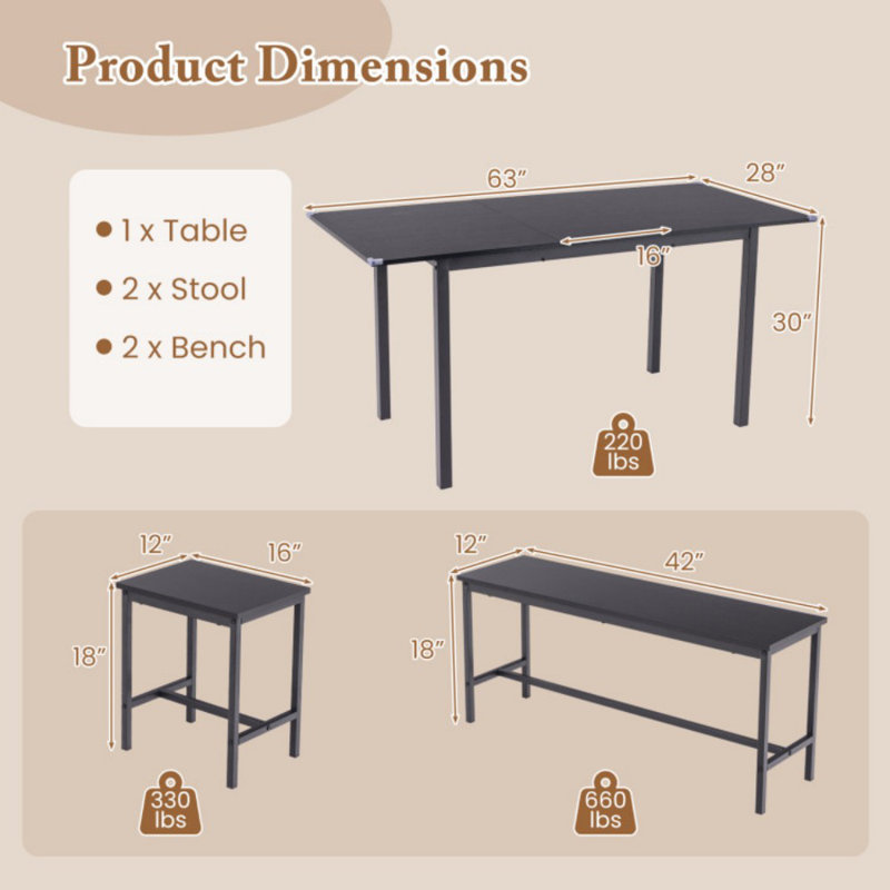 5 Piece Dining Table Set for 4-6 with 2 Benches & 2 Stools for Kitchen Dining Room, Black, Black