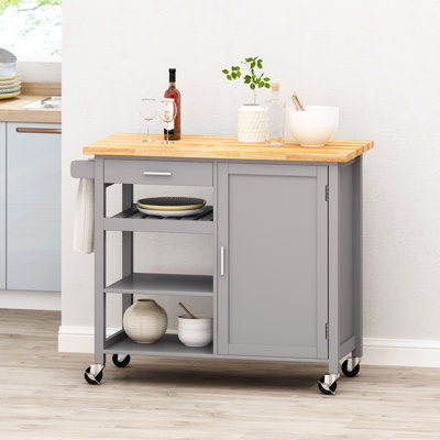 Chariot de cuisine moderne avec 1 tiroir, 3 tablettes ouvertes, 1 armoire avec 2 tablettes et un porte-serviettes