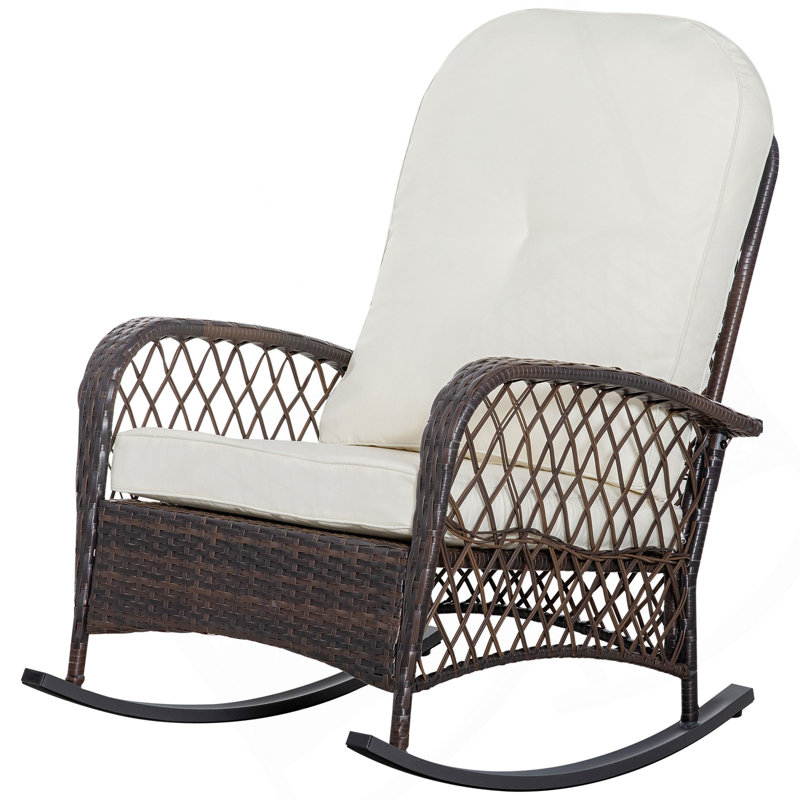 Outsunny Outdoor Wicker Rocking Chair With Wide Seat, Thick, Soft Cushion, Rattan Rocker W/Steel Frame, High Weight Capacity For Patio, Garden, Backyard, Cream White