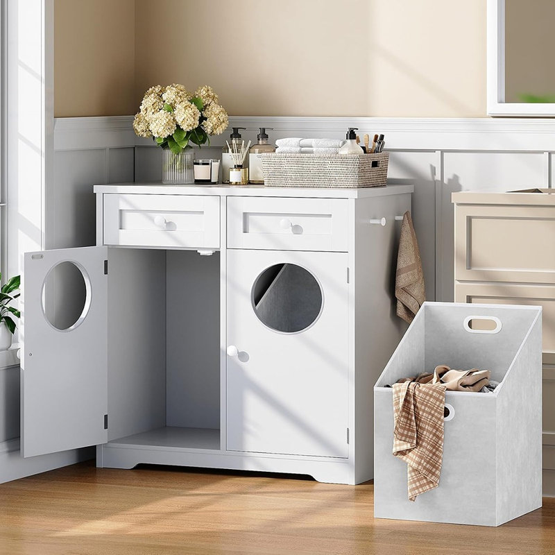 Armoire à linge double avec tiroirs, paniers dissimulés et ouvertures pour le linge sale, style ferme