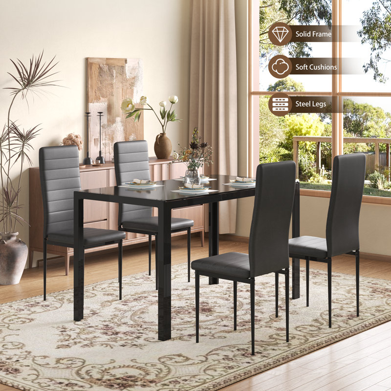 Black Tempered Glass Top Dining Table Set with Faux Leather Chairs