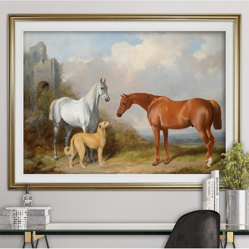 « rétro cheval pastoral », impression de dessin, Cadre doré, H 31 po x l 43 po x P 1,5 po