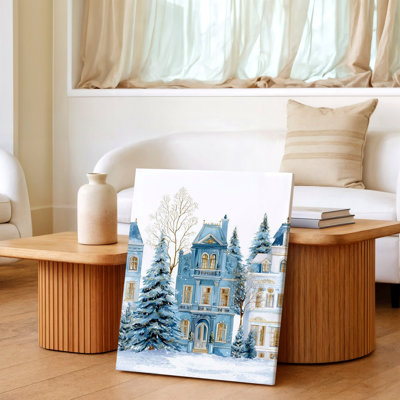 Winter Blue Victorian Houses Snowy Trees Landscape Canvas Wall Art Print, Blue Landscape Decorative Artwork for Home Decor, Bedroom, Living Room, Office, Gallery Wall Accent
