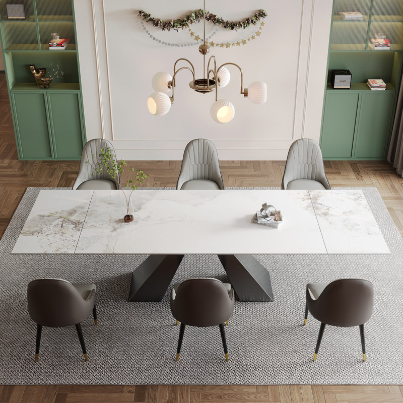 Tanjala 9 - Piece 110.23'' Extendable Sintered Stone Dining Table with 8 Leather Chairs Dining Set, Chanel