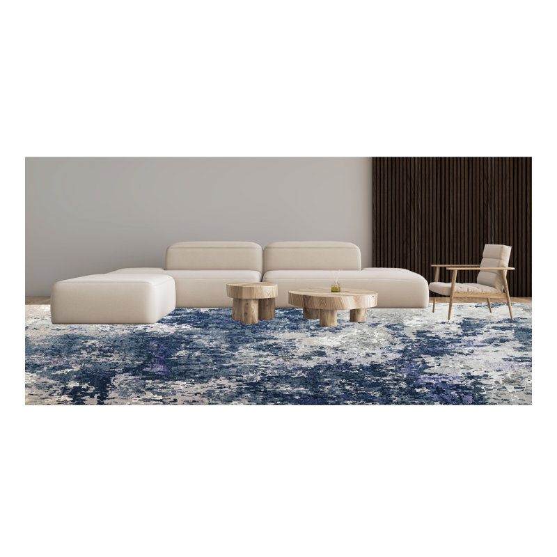 Abstract Area Rug in Blue/Ivory, Rectangle 10' x 14'