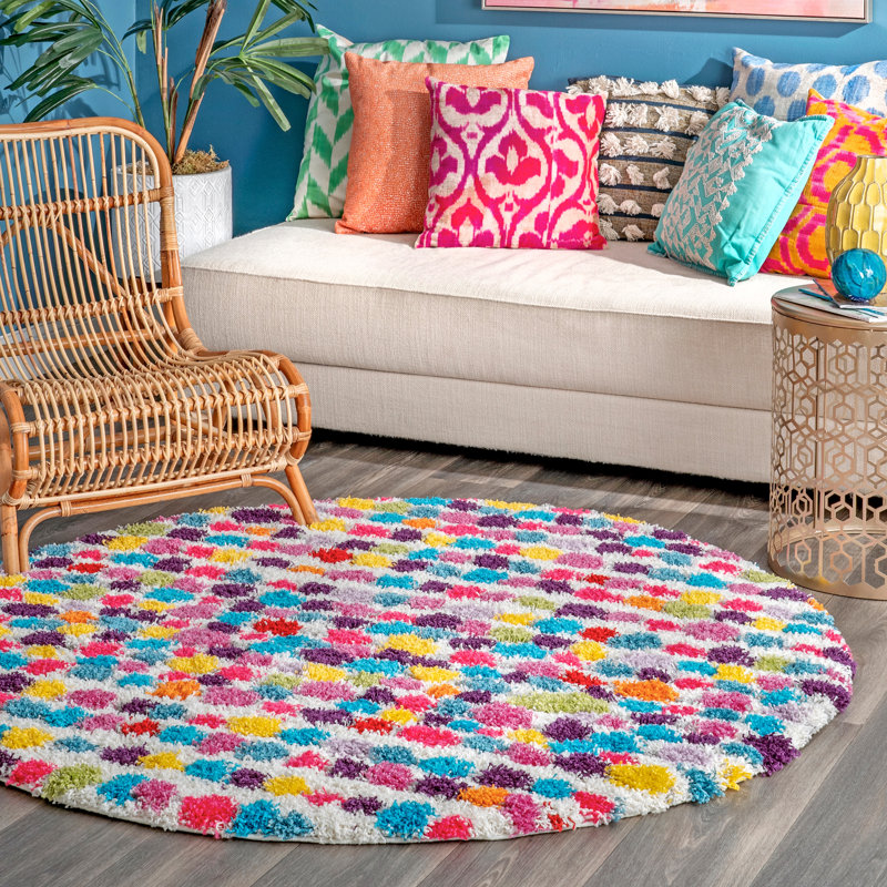 Tapis multicolore à poils longs rayé Mira, Rond 5 pi 3 po