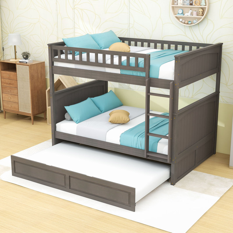 Full Over Full Bunk Bed With Twin Trundle, Guardrails And Ladder, Convertible Into Separate Beds, Brushed Gray