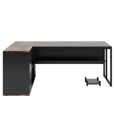 71" L-Shaped Executive Desk With Storage Cabinet & Shelves, Large Industrial Home Office Computer Desk, Business Workstation With Printer Cabinet & CPU Stand, Rustic Brown And Black