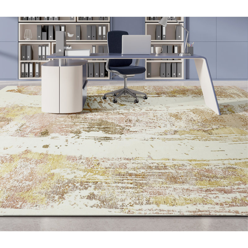 Hand Knotted Abstract Area Rug in White/Beige/Yellow, Rectangle 9' x 12'