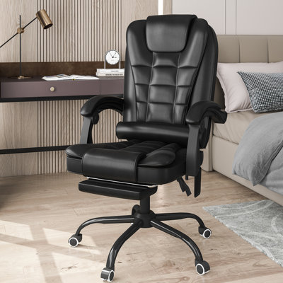 Richmond Soft Leather Massage Office Chair with Armrest Adjustable Ergonomic Desk Chair with Footrest Black