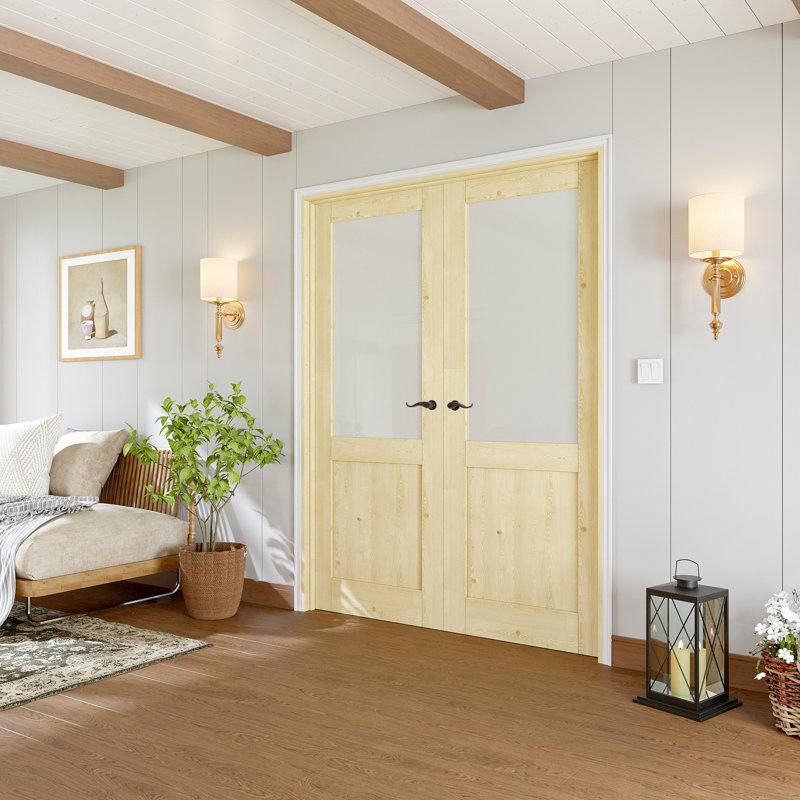 Porte française intérieure de 72 po x 80 po, portes en bois de pin et verre trempé givré demi-lite, bois de pin massif à peindre non fini, ensemble de cadre complet, charnières noires, 4 leviers courbés et loquet, fabrication en bois de pin naturel robuste et verre d'intimité et en verre givré