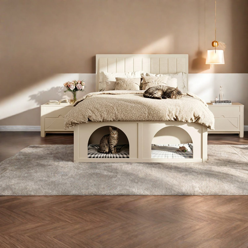 Lit Queen avec rangement, cadre en bois MDF rembourré, lit familial beige moderne, Beige