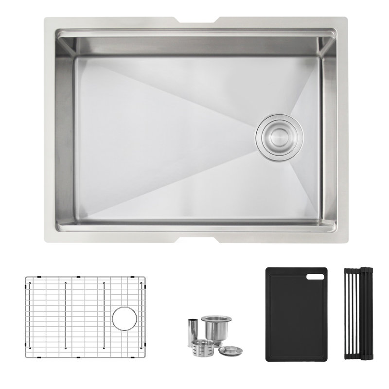 Undermount 25 inch Stainless Steel Single Bowl Workstation Kitchen Sink with Black Accessories