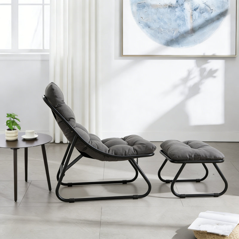 Patio Outdoor Lounge Chair with Ottoman, Comfy Sling Recliner Chair with Puffy Cushion and Foot Stool, Ideal for Living Room, Bedroom, Reading Room