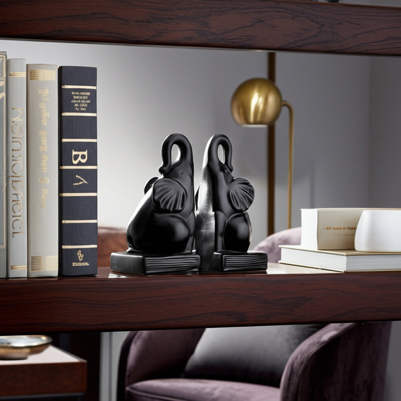 Ceramic Elephant Bookends Contemporary 8" Decorative Bookends for Book Storage, Black