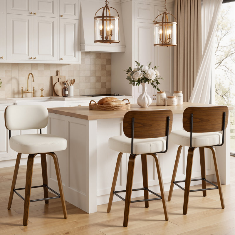 Loranza Swivel Upholstered Counter & Bar Stool, Brown, White, Counter Stool (26" Seat Height)