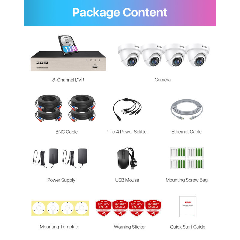 Système de caméra de sécurité 8CH 2MP avec disque dur 1TB, 4 Caméra d'extérieur avec fil câblé 1 080P, Détection humaine