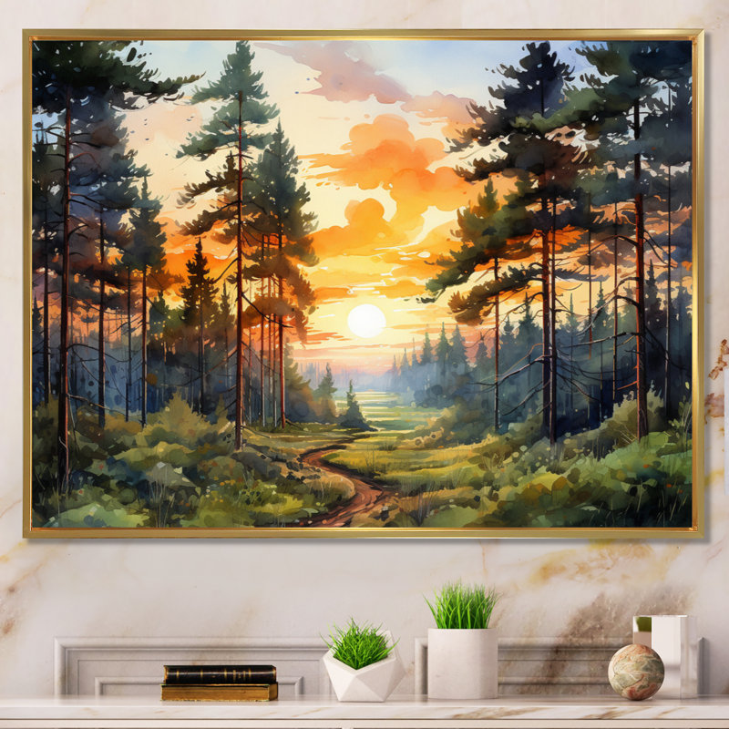«Pine Tree Sunset Glow I», art encadré pin, H 16 po x l 32 po x P 1 po, Cadre flottant doré