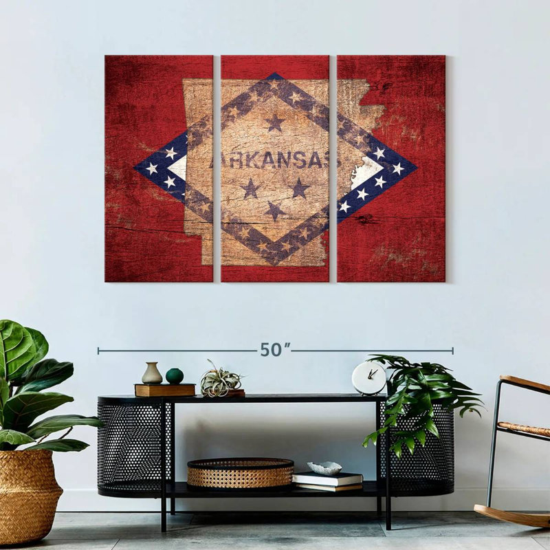 " State Map Over Arkansas Flag " by Echoes Of America 3 - Pieces, 50" H x 32" W x 1.25" D