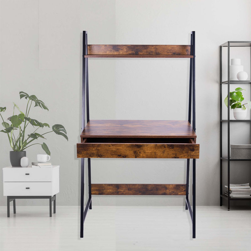 Bureau d'ordinateur à 2 niveaux avec échelle, bureau d'écriture moderne de 71 pouces avec tablettes de rangement, poste de travail pour ordinateur portable, étagère à support échelle avec structure en métal, bureau avec tablette pour bureau à dom