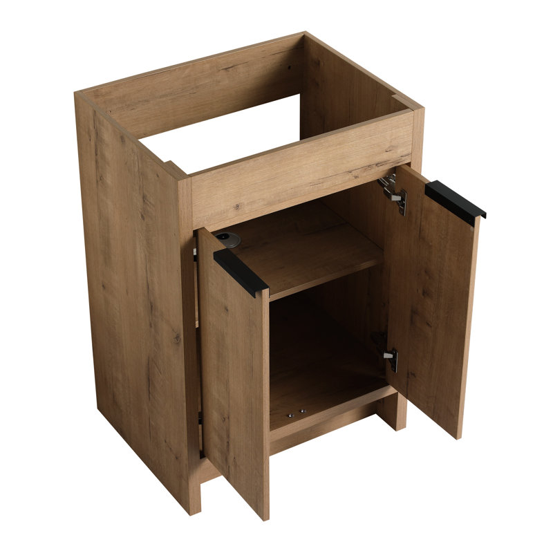 Meuble-lavabo autoportant de 24 po, emballage Kd, 2 portes à fermeture en douceur, meuble-lavabo sans comptoir, espace de rangement intérieur réglable, contreplaqué, armoire de finition au fini imitation chêne, surface en contreplaqué, non