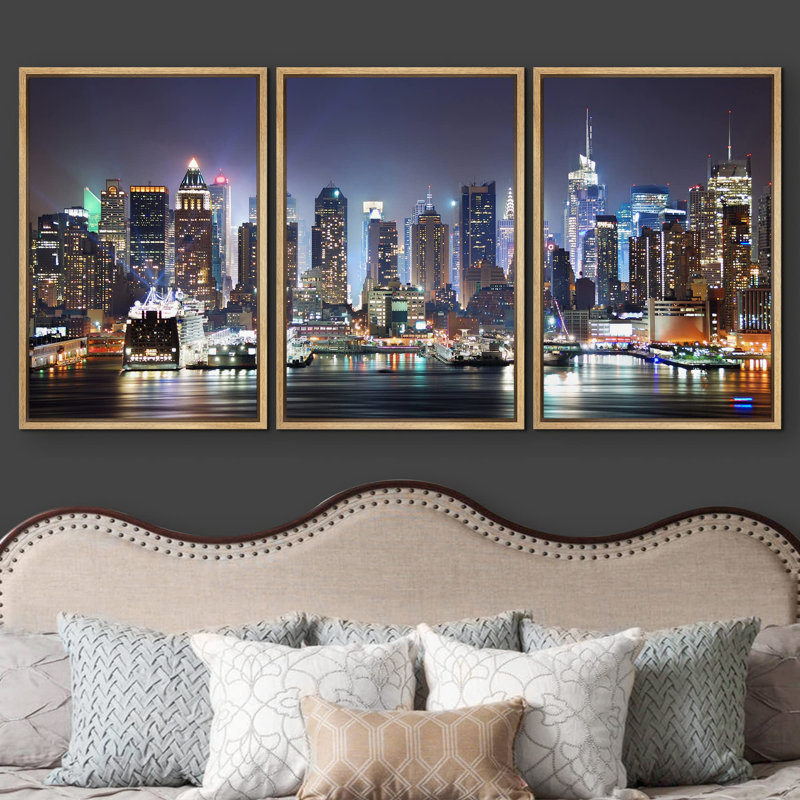 «Architecture Building New York City Skyline Night», reproduction d'art moderne sur toile, 3 pièces, H 24 po x l 48 po