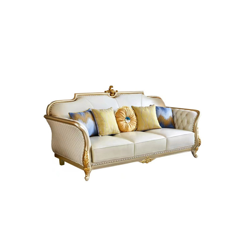 Cowhide European Villa Solid Wood Oak Sofa 88.58'' Genuine Leather Sofa, Champagne Genuine Leather