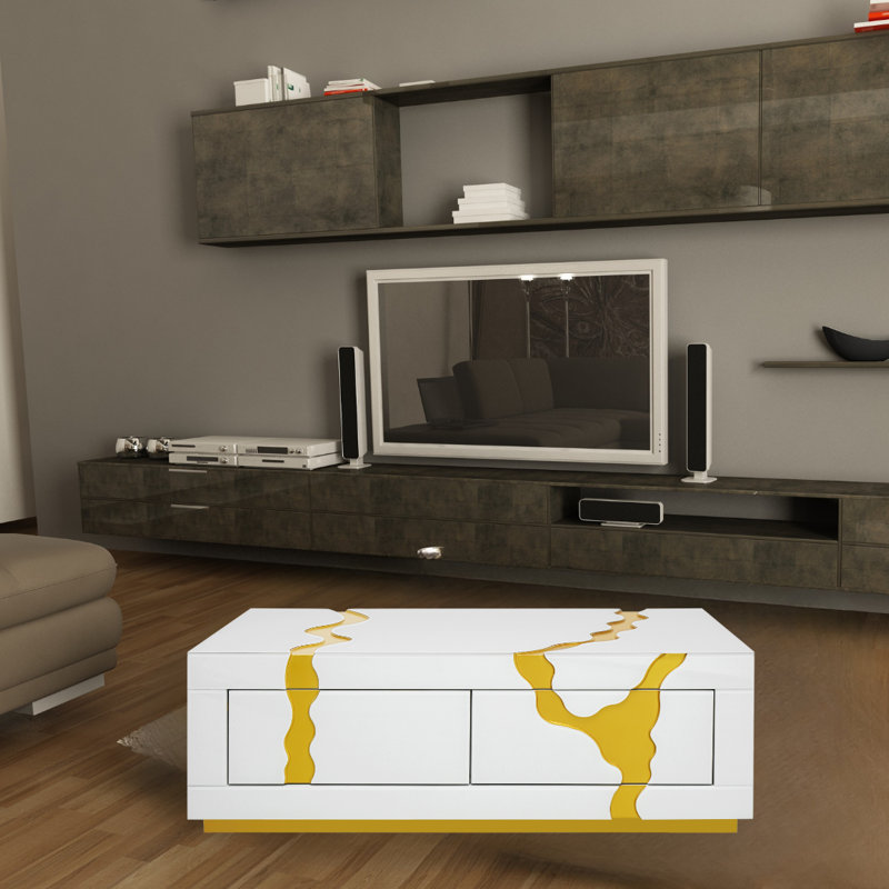 Modern Design 48" White Glass Rectangular Coffee Table With 4 Drawers