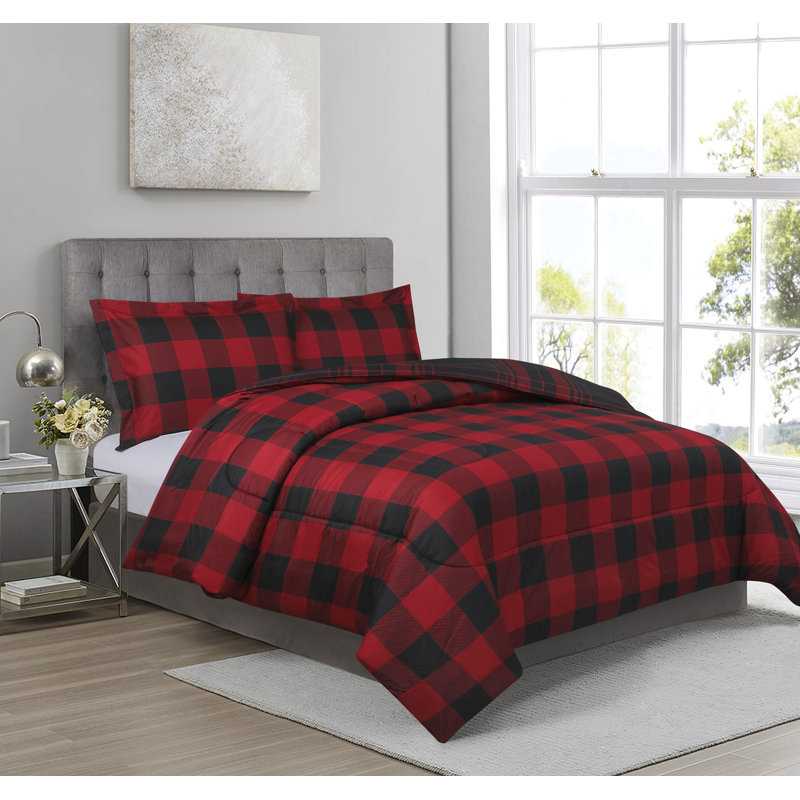 Édredon en microfibre hypoallergénique rouge / noir, Édredon grand + 2 taies décoratives, Rouge / noir