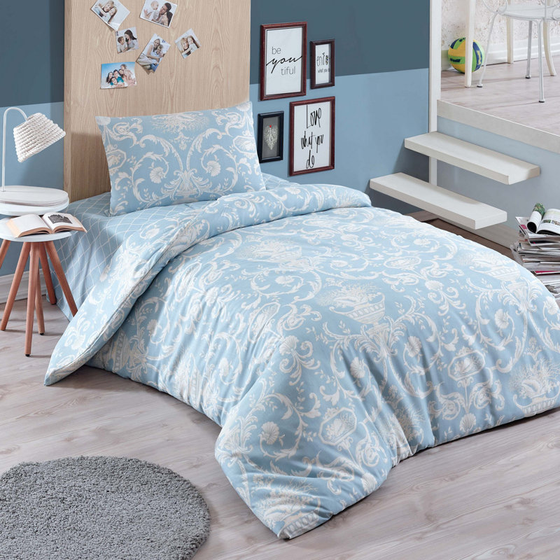 Ensemble de housse de couette simple Premium, bleu et blanc, 63,0 x 86,6 pouces Housse de couette | Drap plat 63,0 x 94,5 pouces | Taie d'oreiller 19,7 po x 27,6 po | 65% coton / 35% polyester, lavable à la machine, fermeture à boutons pour une utilisation facile