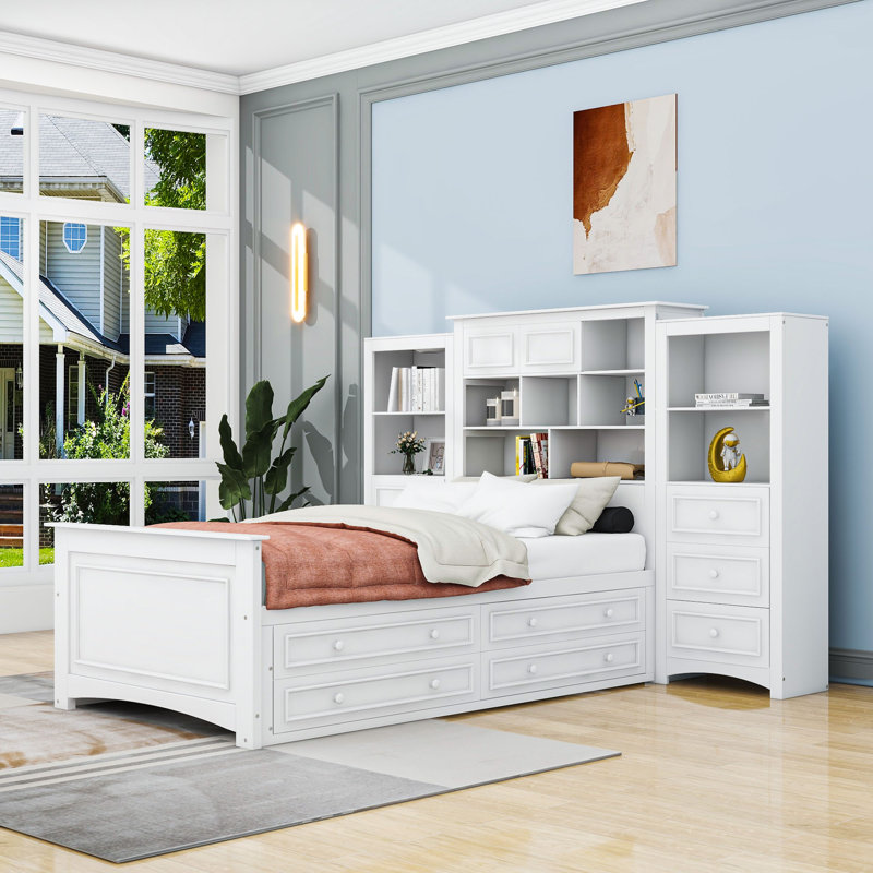 Lit plateforme en bois avec tiroirs et tablettes Brandace, Blanc