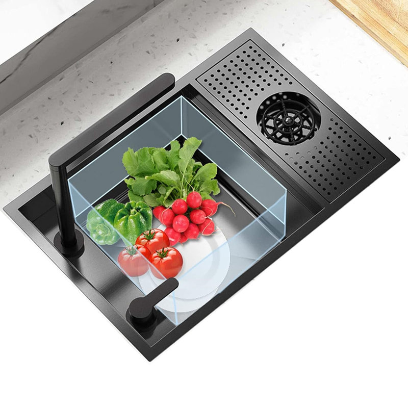 Black Nano Hidden 22 Inch Kitchen Sink Single Bowl Balcony Bar,Stainless Steel Commercial Kitchen Sink With Up And Glass Rinser Set
