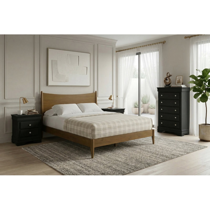 Barvelle Solid Wood 4 Pieces Bedroom Set, Black/Walnut, 4 Pcs: Bed, Chest, 2 Nightstand