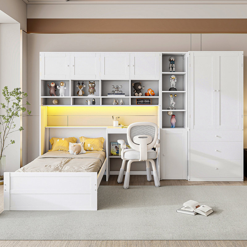 Lit plateforme simple en bois avec bureau, armoire, armoires, tiroirs et tablettes, blanc, Blanc