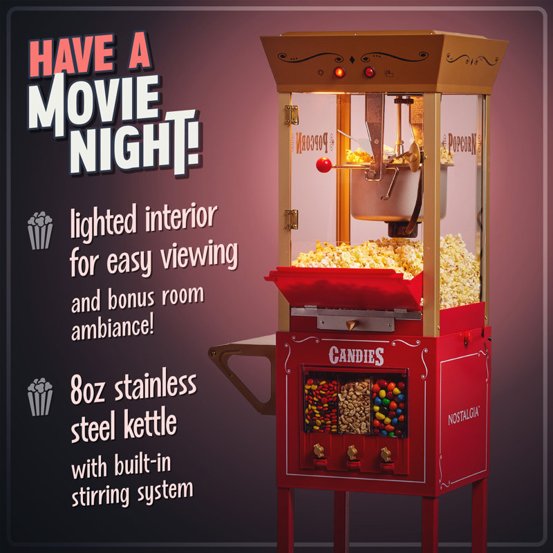 Nostalgia Popcorn Maker Professional Cart, Kettle Makes Up to 32 Cups With Candy Dispenser, Red