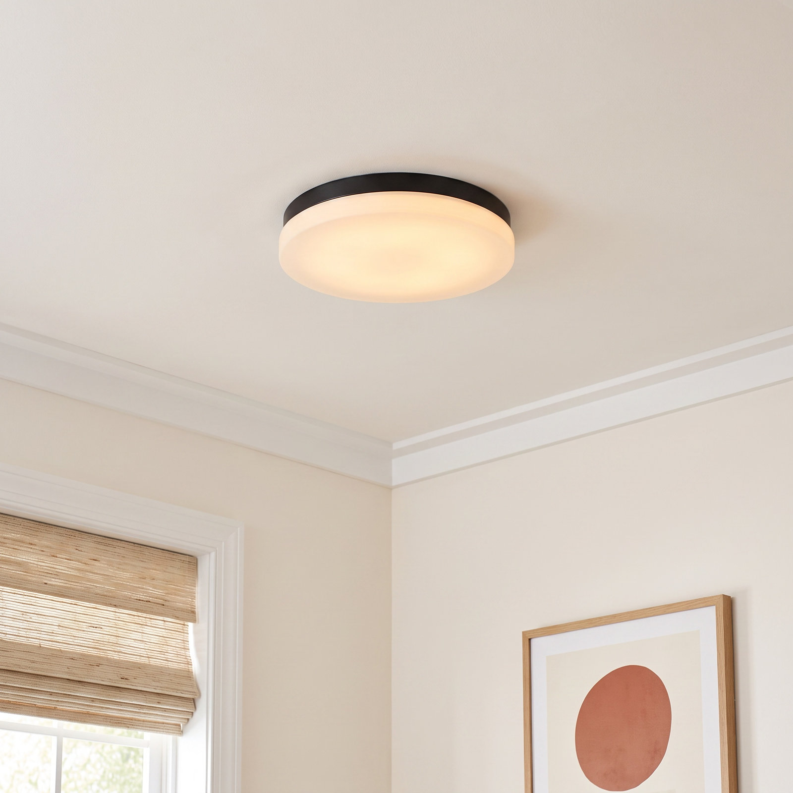 Single Light Glass LED Flush Mount, Black, 3000K, 2.5" Hx 14" W x 14" D