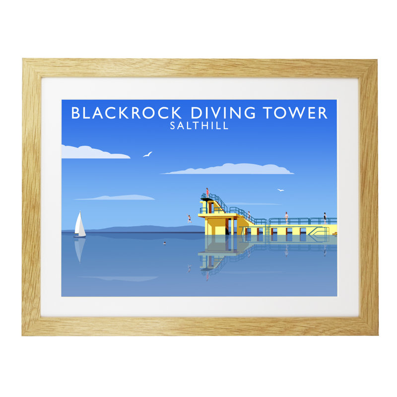 Black Rock Diving Tower by Richard O'Neil - Print, Oak Wood Frame, 33.5 cm H x 43.5 cm W x 2.2 cm D