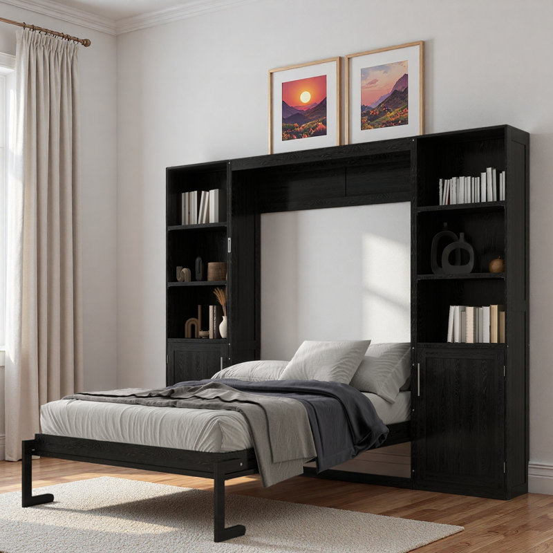 Lit escamotable en bois avec tablettes et armoires de rangement