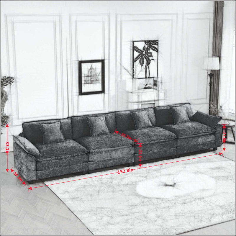 Canapé modulaire Cloud avec coussin double couche, 4 sièges, Chenille bleue