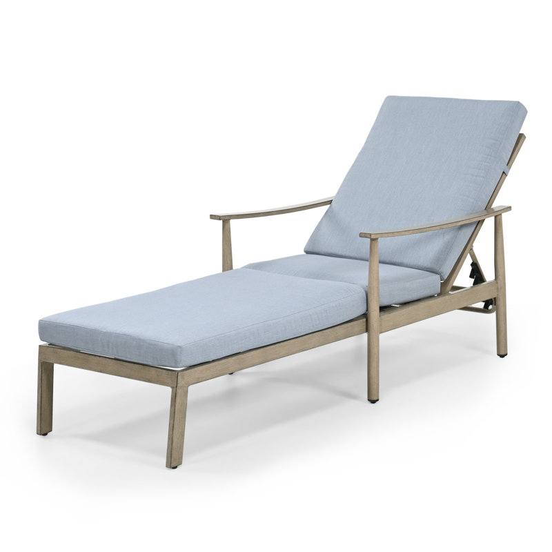 Chaise longue de patio en aluminium 1 pièce Marijela avec dossier et coussins de sangles, Coussin bleu / cadre brun clair