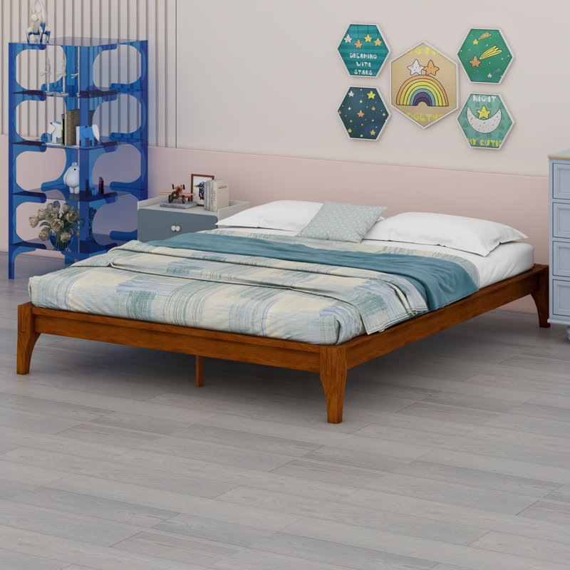 Base de lit plateforme en bois avec support en lattes de bois, Brun