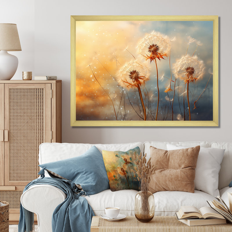 Orange Dandelion Dreams II - Floral Wall Art Prints, Cadre doré à une seule photo, H 34 po x l 44 po x P 1,5 po