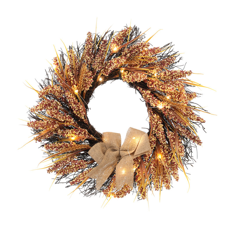 Faux Lighted Wheat Plastic 50cm Wreath