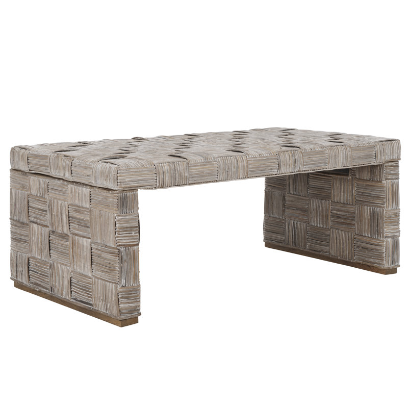 Leominster Classic Coffee Table, Solid Wood with Whitewashed Kubu Rattan Texture for Home and Office