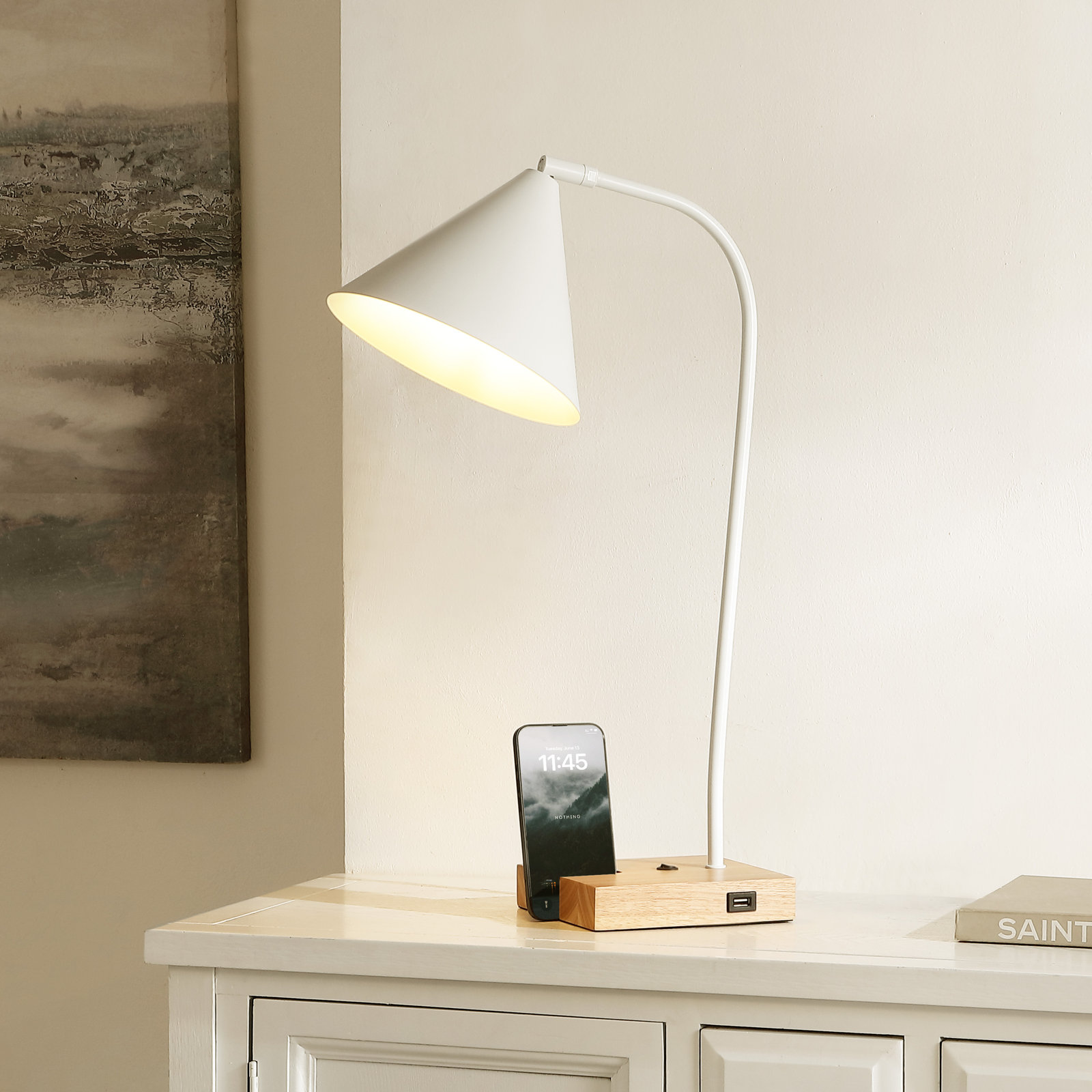 Dalli Solid Wood USB Desk Lamp, Natural, White