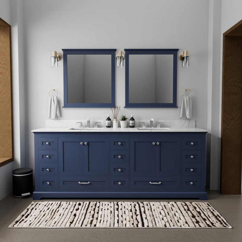 Double Bath Vanity with Carrara Marble Top, Navy Blue